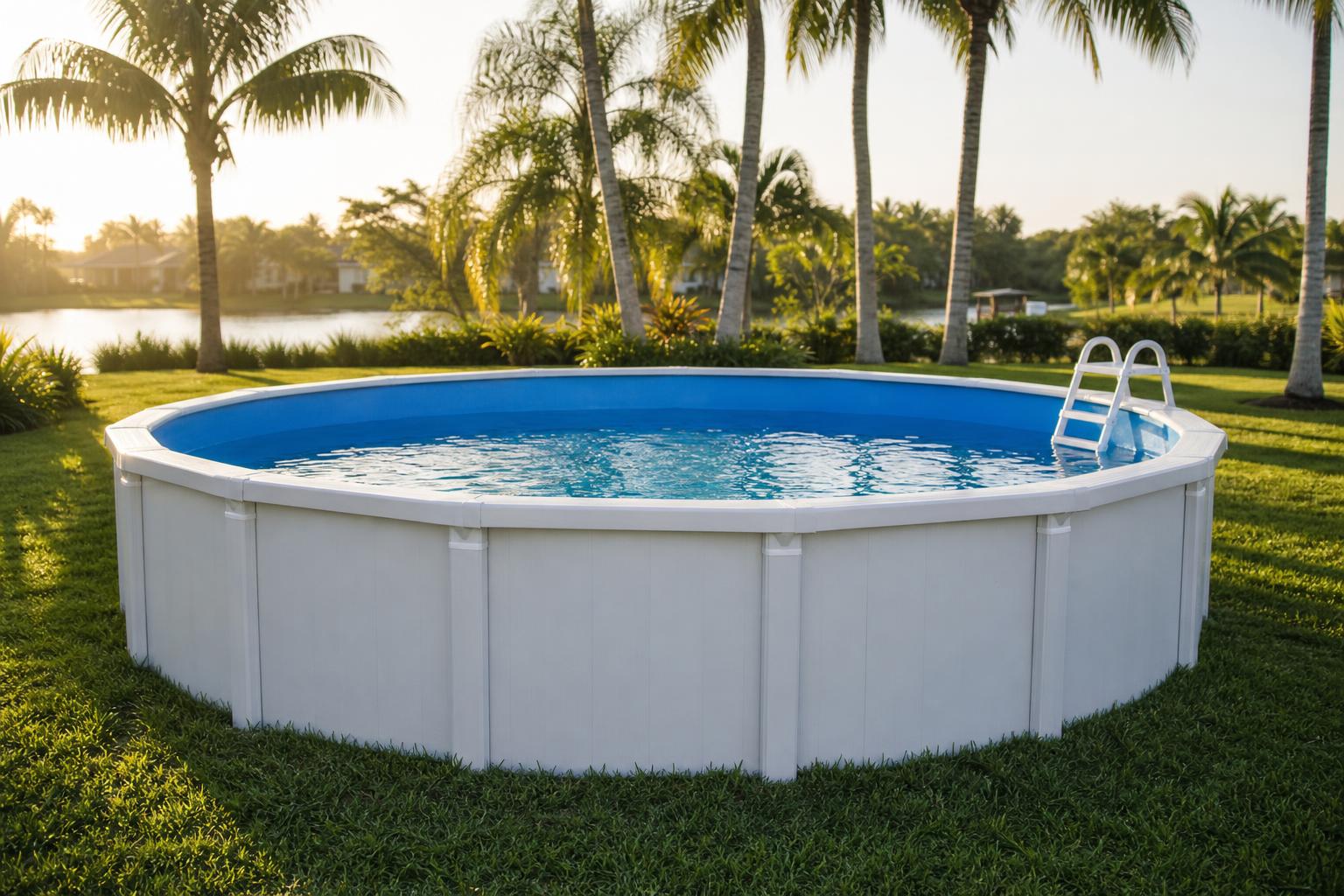 Round above-ground pool on a lakefront lawn in West Central Florida
